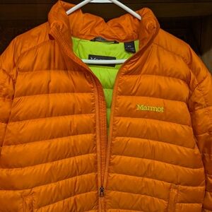 Marmot men's Zeus feather down bright-orange quilted jacket